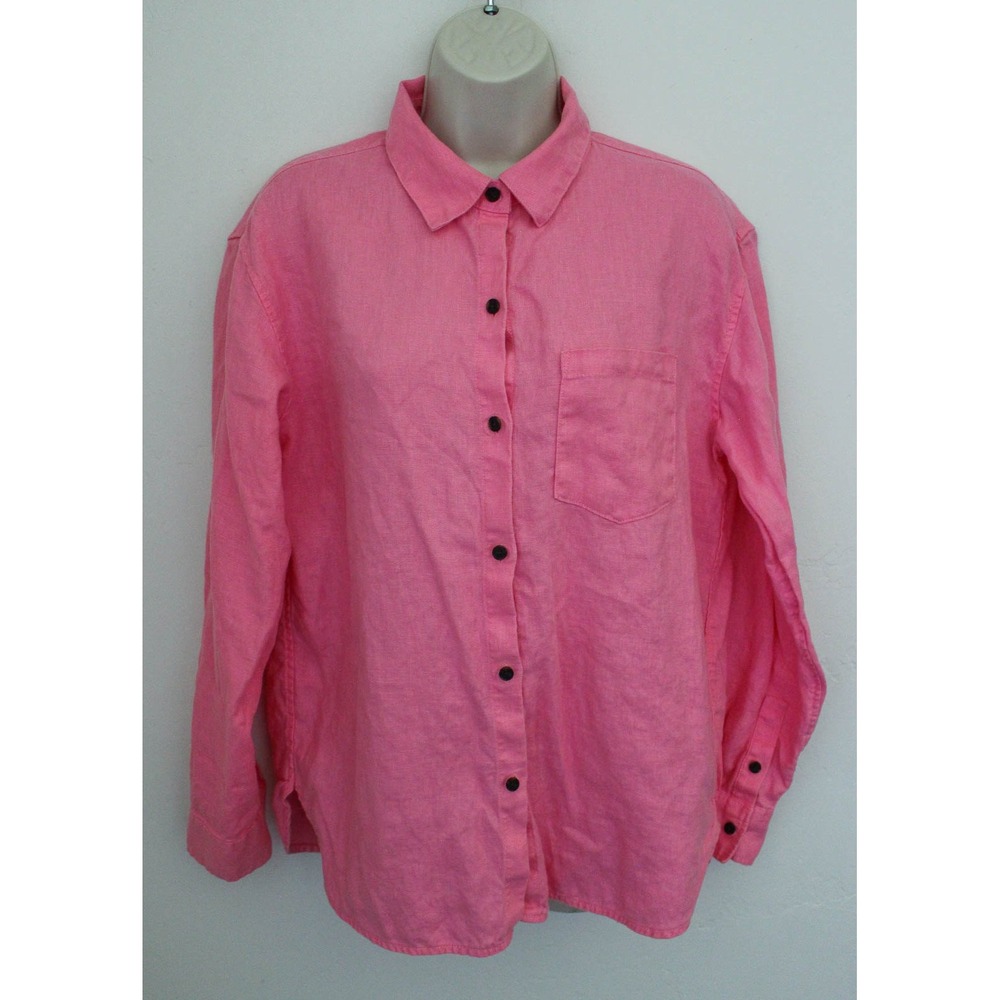 Athleta Button Down Shirt Small Pink 100% Linen Relaxed Long Sleeve Retreat